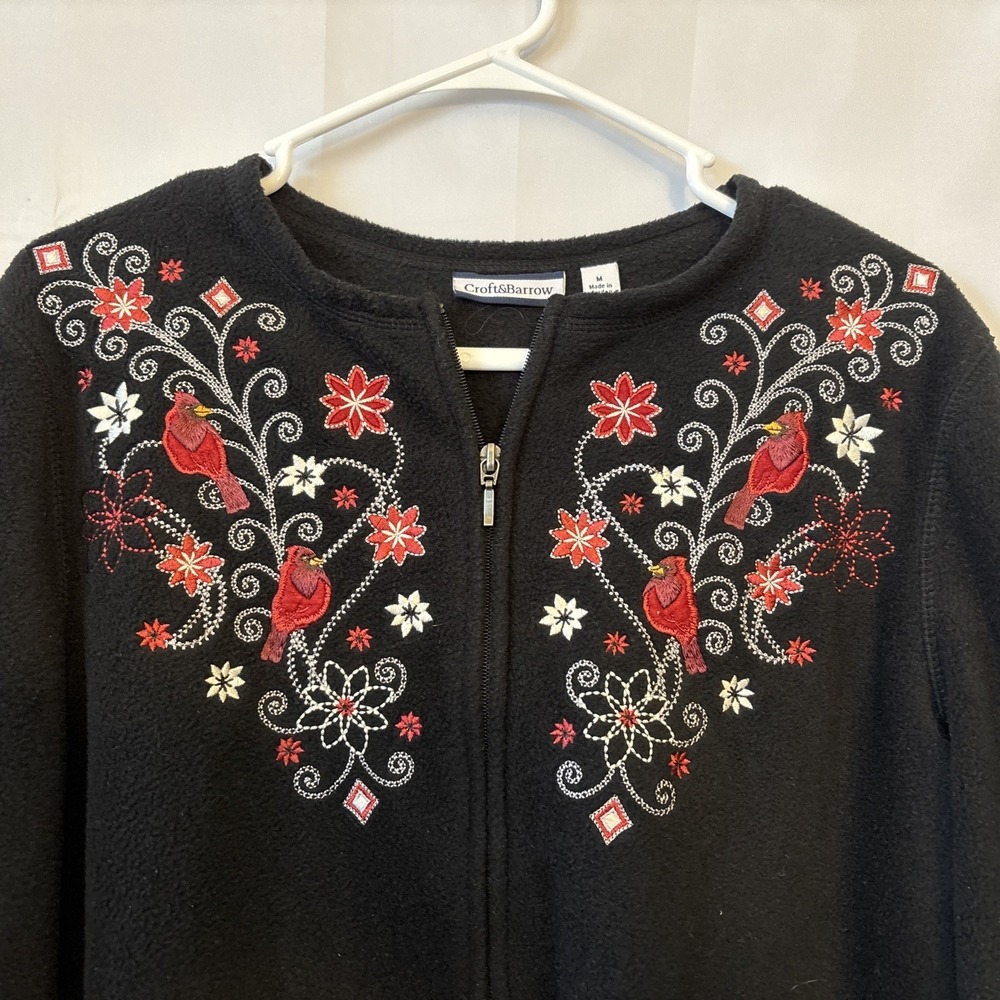 Women's Black Fleece Zip Up Sweater Cardigan Embroidered Cardinals CottageCore M - Picture 3 of 6